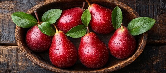 Wall Mural - Red pears in bowl, rustic wood background, healthy food