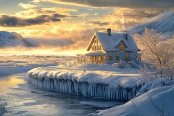 Canvas Print - beautiful house in the snow, with mountains and rivers behind it. The sun is setting, casting warm colors on everything. It's winter, with heavy white clouds overhead. 