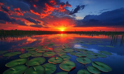 Wall Mural - breathtaking sunset over the swamp, with vibrant red and orange hues painting across the sky as it sets behind an endless expanse of water lilies in the foreground. 