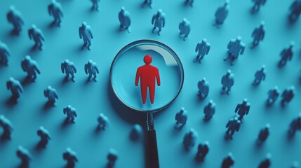 Aufkleber - A magnifying glass highlights a red figure among blue silhouettes, symbolizing focus and individuality in a crowd.