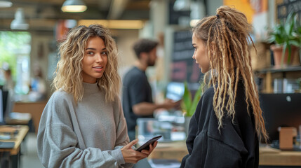 Two individuals engaging in conversation in an office, focusing on one holding a phone