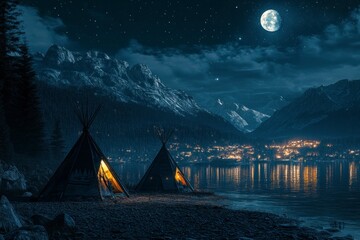 Wall Mural - A dark lake with two teepee huts on the shore, mountains in the background, a moonlit night sky, the reflection of lights from a bustling town in the distance