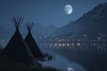Wall Mural - A dark lake with two teepee huts on the shore, mountains in the background, a moonlit night sky, the reflection of lights from a bustling town in the distance