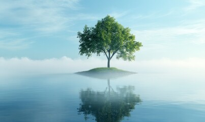 Wall Mural - alone tree stands on an island in the center of a calm lake, surrounded by fog and a serene blue sky.