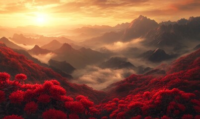 Wall Mural - The sun rises in the sky, and red chrysanthemums bloom on both sides of mountain valleys with misty clouds floating above them