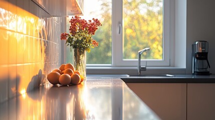 Sticker - A bright kitchen counter with a healthy breakfast of fruit and scrambled eggs.