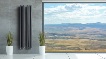 Wall Mural - Minimalist Interior Design with Large Window Overlooking Scenic Landscape in a Modern Space