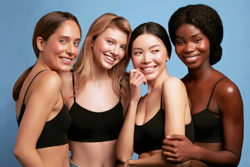 Wall Mural - four diverse multi-ethnic women in black crop tops smiling and embracing against a blue background, 