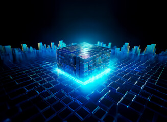 Poster - Glowing blue cube emits light on a grid surface in a dark environment. Futuristic, technological concept with abstract geometric form.