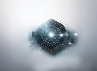 Poster - Abstract polygonal shape with a bright light at its center, floating against a soft, blurry background. Modern and futuristic design element.