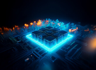 Aufkleber - Illuminated blue grid on circuit board symbolizes future technology, network and digital processing in a dark abstract setting.