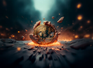 Poster - Golden coin with a 'B' symbol erupts from stone amidst sparks and light, symbolizing emergence and impact against a dark, blurred backdrop.