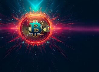 Fototapete - A digital bitcoin coin with a golden rim and a teal 'B' symbol radiates bright light effects on a dark backdrop, symbolizing modern finance and technology.