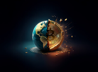 Poster - A split globe: half Earth, half gold Bitcoin, symbolizing the growing impact of digital currency on the world and global finance, with a cracked and fractured appearance.