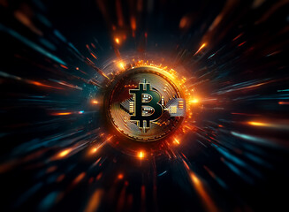 Poster - A digital bitcoin symbol radiates bright light streaks on a dark backdrop, representing cryptocurrency and financial technology in a dynamic and modern style.
