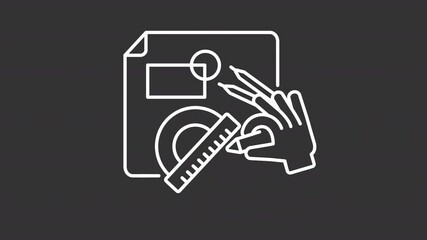 Poster - Architecture drawing white line animation. Engineering animated icon. Moving circinus. Floating geometrical figures. Isolated illustration on dark background. Transition alpha video. Motion graphic
