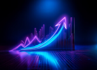 Fototapete - A vibrant neon bar graph with a prominent upward arrow is illuminated in blue and pink hues. The glowing chart reflects on a grid surface against a dark setting, representing upward trends.