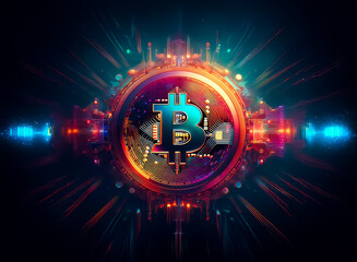 Poster - A glowing bitcoin symbol is centered in a futuristic digital artwork.  Bright neon colors and radiating light effects create a dynamic and abstract design.