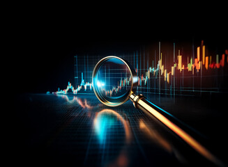 Fototapete - A magnifying glass is positioned over a vibrant stock chart display, symbolizing detailed analysis of financial markets and data.
