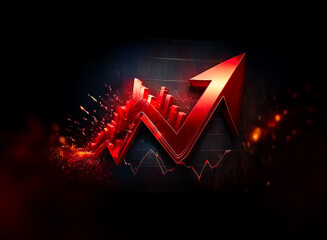 Fototapete - A bold red arrow, rendered in 3D, dramatically points upwards against a dark backdrop with scattered sparks, suggesting strong growth and positive trends.