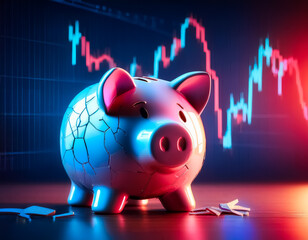 Poster - Cracked piggy bank in front of stock chart with red and blue lights. Suggests financial uncertainty, savings risk, or volatile market conditions.