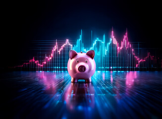 Poster - A pink piggy bank stands in front of a glowing neon financial chart on a dark reflective surface. The scene evokes futuristic finance and saving concepts.