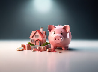 Poster - Pink piggy bank stands beside a miniature house surrounded by coins, symbolizing savings for homeownership and financial planning.