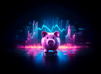 Aufkleber - A pink piggy bank stands in front of a vibrant neon graph with pink and blue hues.  It symbolizes modern finance, savings, and investment in a digital, futuristic setting.