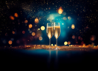 Poster - Champagne glasses toast in a dark, glittering, celebratory atmosphere with bokeh lights. Festive and elegant for special occasions.