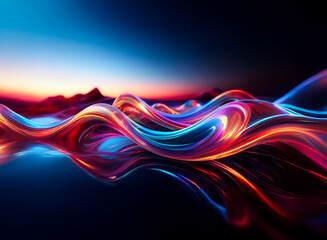 Poster - Vibrant flowing waves of colors blend in an abstract design against a gradient sky.  Smooth, dynamic motion with red, orange, blue, and purple hues.