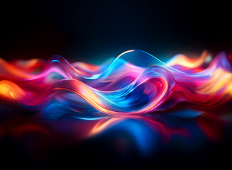 Poster - Vibrant waves of light and color flow smoothly, creating a glossy, reflective surface against a dark backdrop. Dynamic and energetic abstract design.