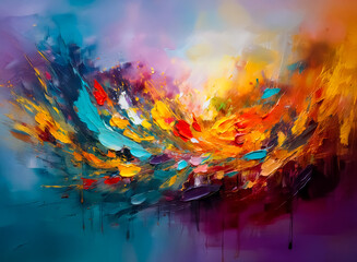 Poster - Vibrant abstract artwork bursting with dynamic energy. Bold brushstrokes blend a spectrum of colors including blue, yellow, orange, red, and purple, creating a visually striking composition.