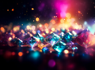 Aufkleber - Glistening gemstones catch the light, creating a dazzling display of vibrant colors and sparkling brilliance against a dark, bokeh-filled backdrop.