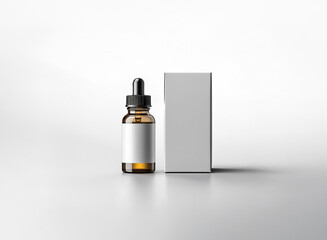 Poster - Dropper bottle with blank label and box sit on a white surface. Essential oil, serum, or cosmetic product presentation. Mockup for branding and packaging.
