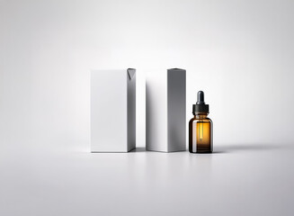 Poster - White boxes and amber dropper bottle displayed on a clean white surface. Minimalist product shot for cosmetic or pharmaceutical packaging mock-up.