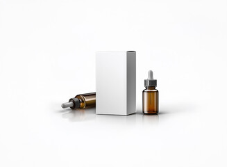Poster - Brown dropper bottles and a white box sit on a white surface, suggesting a cosmetic or pharmaceutical product. Clean, minimalist studio product shot.