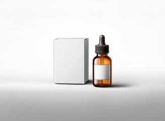 Poster - Brown glass bottle with dropper and blank white box on a white backdrop. Cosmetic or pharmaceutical product mockup for liquid presentation.