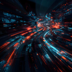 Poster - Digital Cityscape: Dynamic light trails weave through a futuristic city. The image has high-tech patterns and a vibrant color scheme.