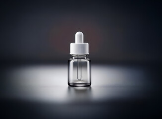 Poster - Clear glass bottle with a white dropper cap, isolated on a dark surface. Minimalist design for liquid products like serum or oil.