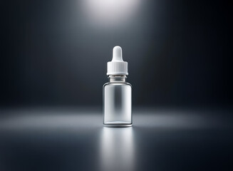 Poster - A clear glass bottle with a white dropper cap is centrally positioned against a dark backdrop.  A bright light from above emphasizes the bottle, creating a dramatic and clean presentation.