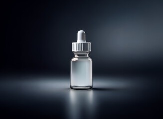 Poster - Clear bottle with white dropper cap in spotlight. A simple and clean product shot against a dark background.