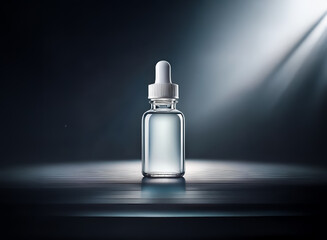Poster - Clear bottle with white dropper is illuminated by a bright spotlight against a dark backdrop. The bottle reflects light on a shiny surface.