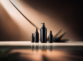 Poster - Sleek black bottles in varying sizes stand elegantly on a beige surface. A soft light beam highlights the minimalist cosmetic product arrangement against a brown backdrop.