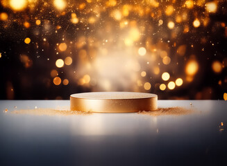 Aufkleber - Golden podium on reflective surface under defocused golden bokeh lights creating festive, elegant atmosphere for display.