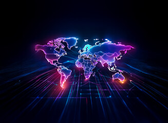 Leinwandbilder - Vibrant neon world map glowing with pink and blue hues against a dark backdrop, symbolizing global connectivity and modern technology.
