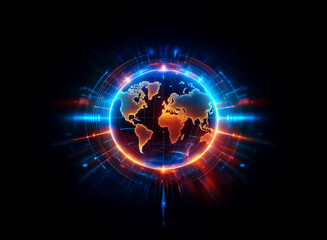 Leinwandbilder - A luminous globe with continents is encircled by radiant rings of light and energy, set against a stark black backdrop. Abstract, futuristic, and visually dynamic, it evokes themes of global connectiv