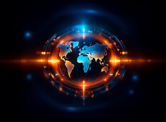 Leinwandbilder - World map at center with radiating rings of blue and orange light. Futuristic, technological concept with a global network and digital feel.