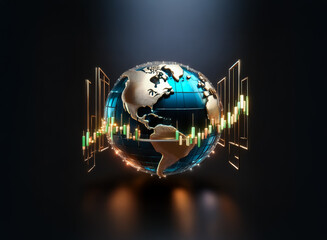 Aufkleber - Golden globe displaying financial data with a chart overlay, set against a dark backdrop and framed by golden geometric structures.