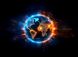Leinwandbilder - Stylized planet earth with glowing aura on a black background. Blue and orange lights create a vibrant and futuristic feel for this digital world map.