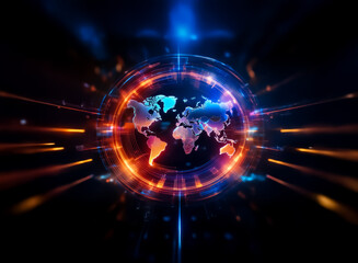 Leinwandbilder - A glowing world map is encircled by vibrant rings and dynamic light beams against a dark backdrop, creating a futuristic and technological atmosphere.